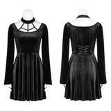 Gothic Daily Cross Neckholder Langarm Samt Kurzkleid für Frauen