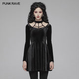 Gothic Daily Cross Neckholder Langarm Samt Kurzkleid für Frauen